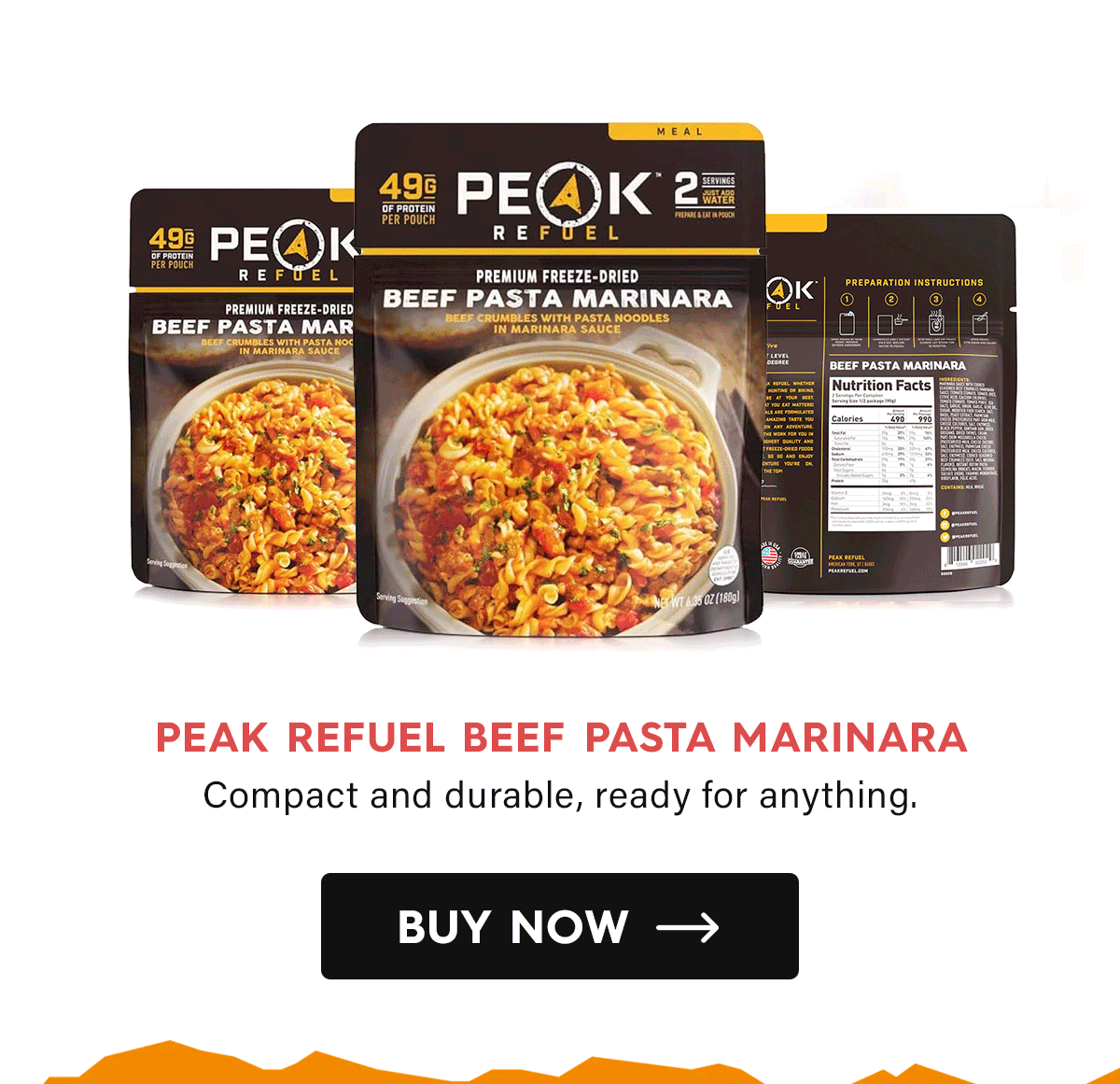 Peak Refuel Beef Pasta Marinara Compact and durable, ready for anything.  CTA: Buy Now