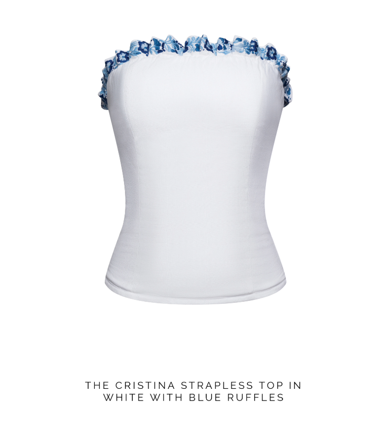 The Cristina Strapless Top in Blue on White