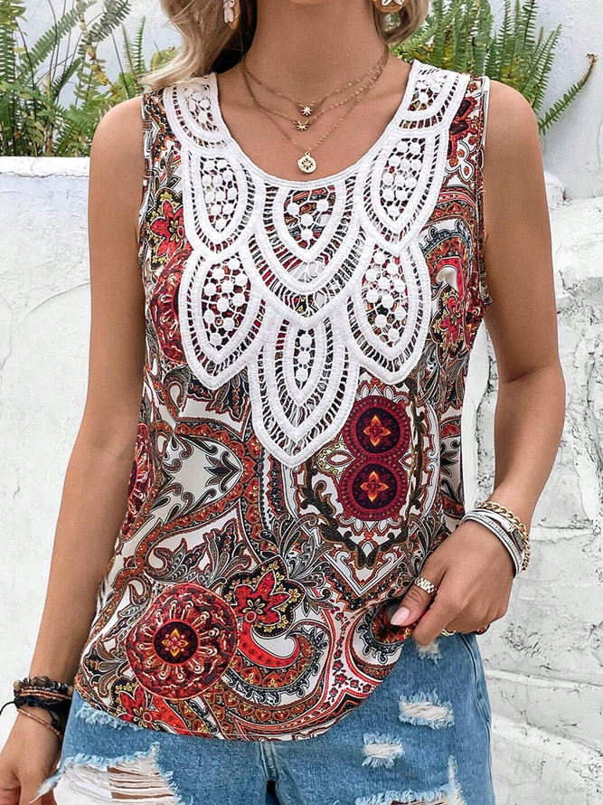 Casual Crew Neck Ethnic Tank Top