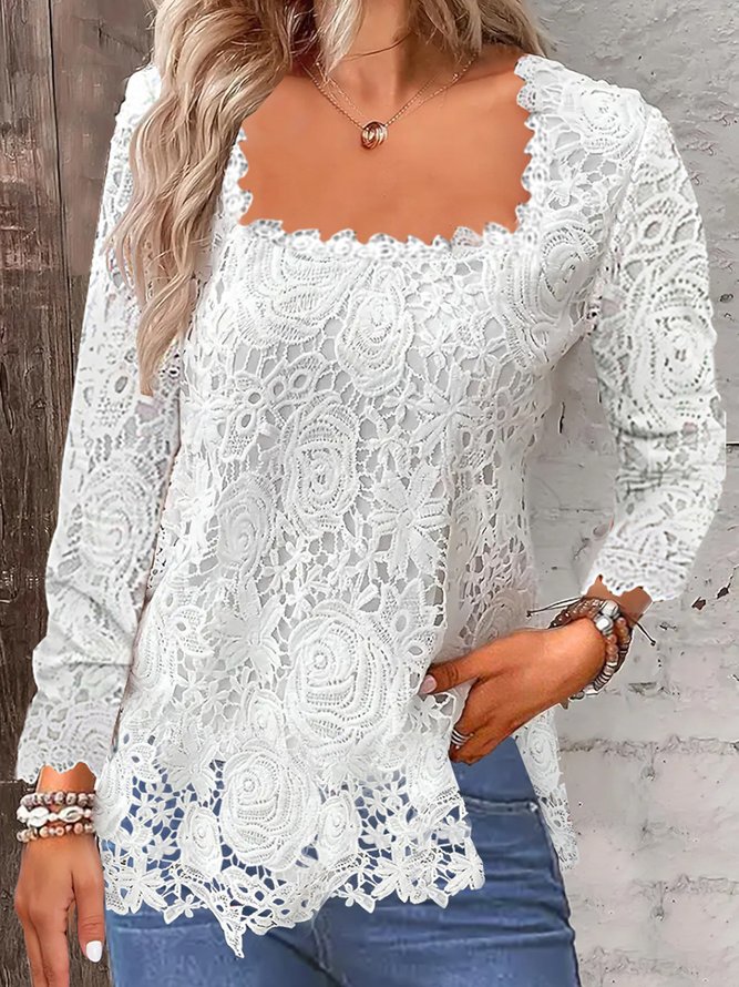 Square Neck Long Sleeve Plain Lace Regular Loose Shirt For Women