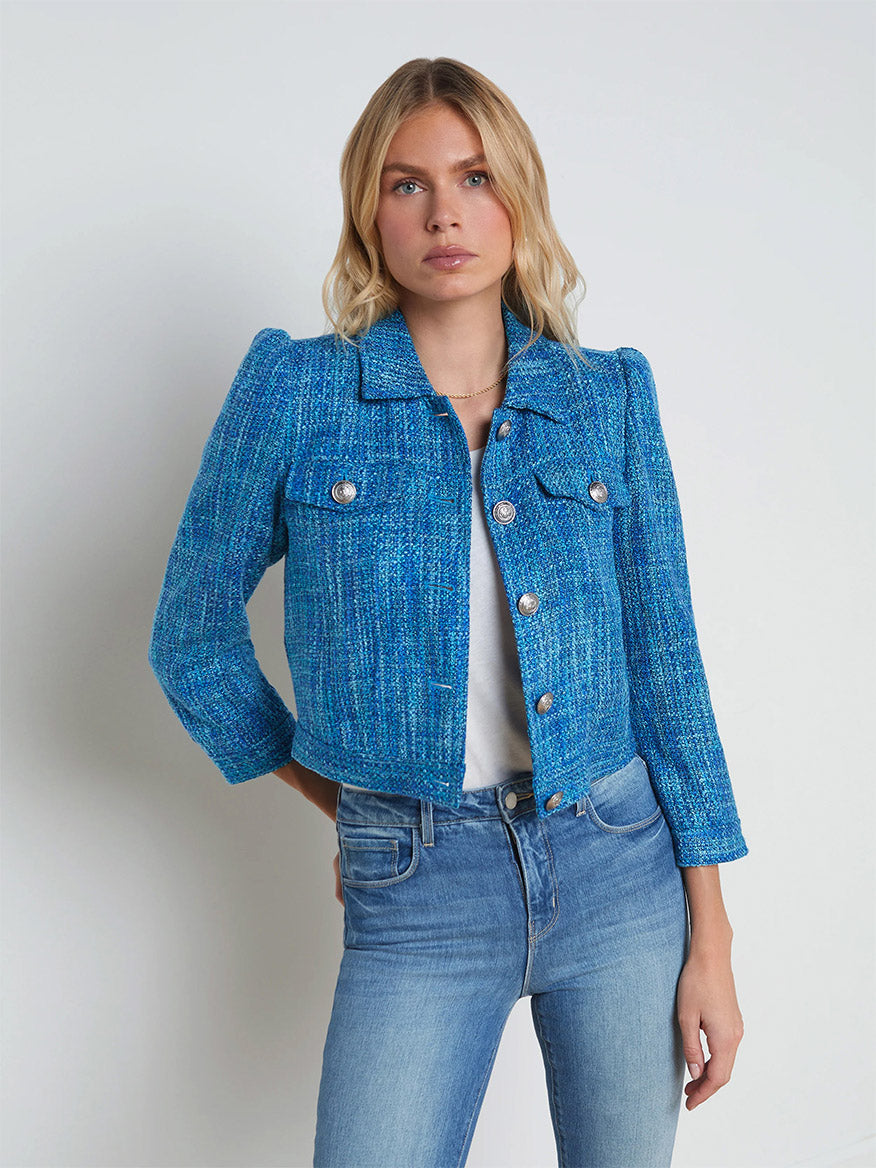 Image of L'Agence Kasey Tweed Jacket in Caribbean Blue Multi Tweed