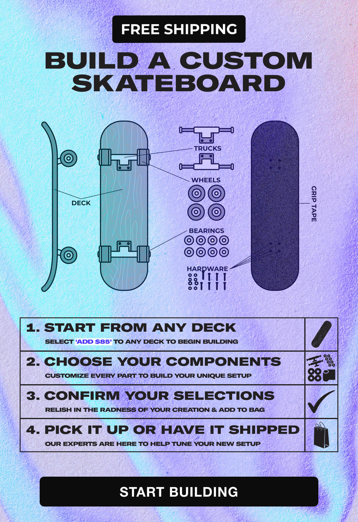 Add $85 and turn your skate deck into a full complete!