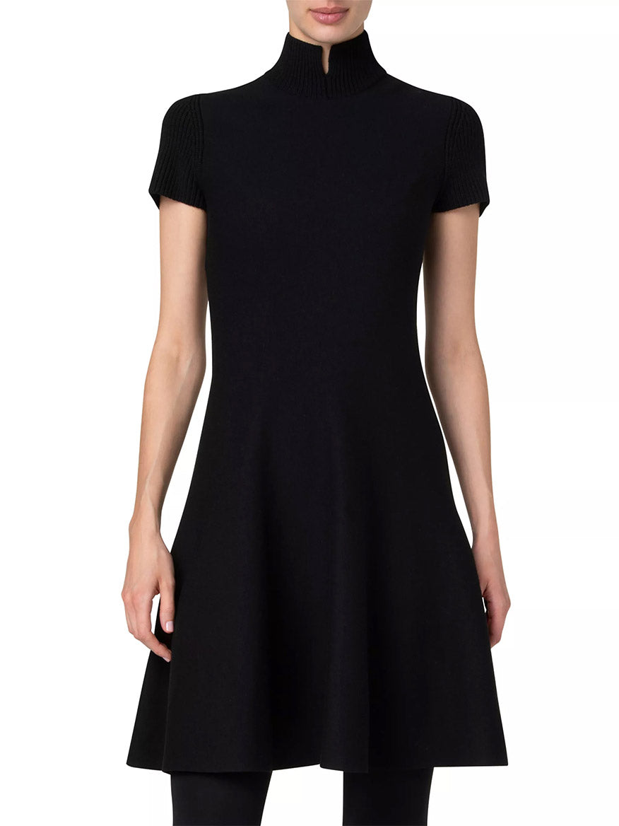 Image of Akris Punto Short Fit-and-Flare Mockneck Wool Dress in Black