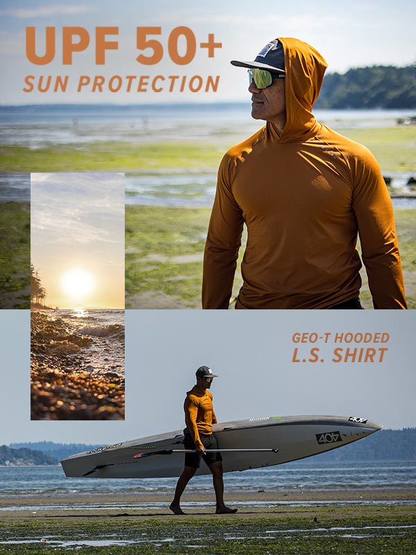 Image Collage of a Man wearing The Geo-T Hooded L.S. Shirt while paddle boarding on the WA coast. Text Overlay saying "UPF 50+ Sun Protection, Geo-T Hooded L.S. Shirt"