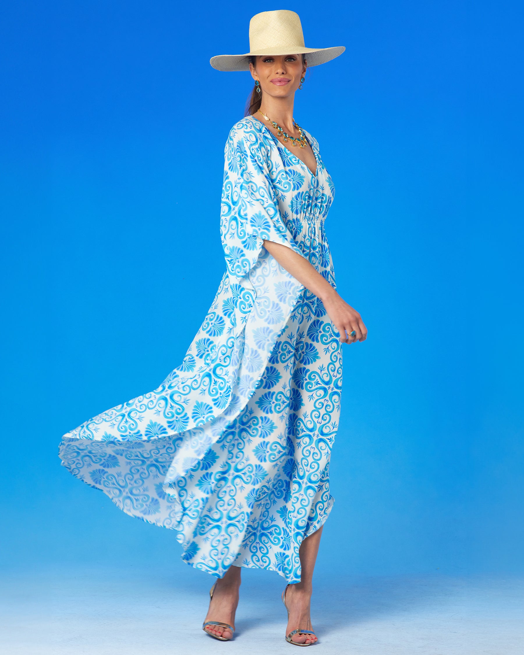 Image of Thetis Cinched Long Kaftan in Blue and White