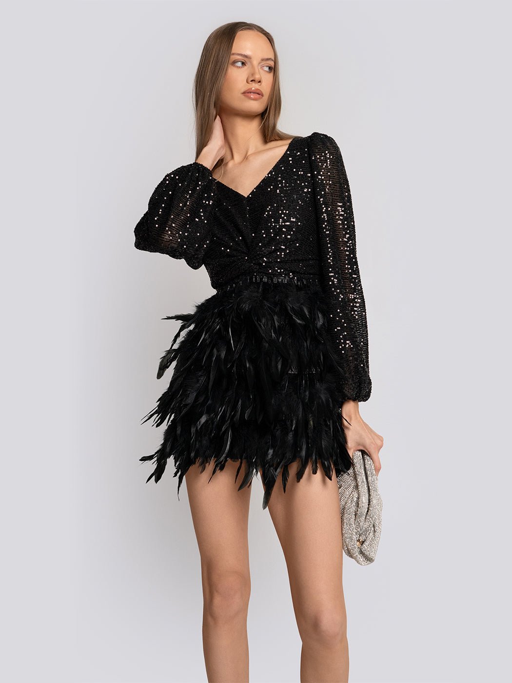 Amelia Sequin Feather Trim Long Sleeve Mini Dress