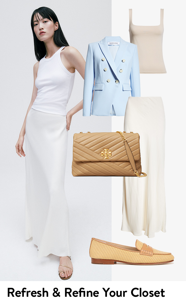 A woman wearing a tank top and slip skirt next to a collage of new spring wardrobe essentials.