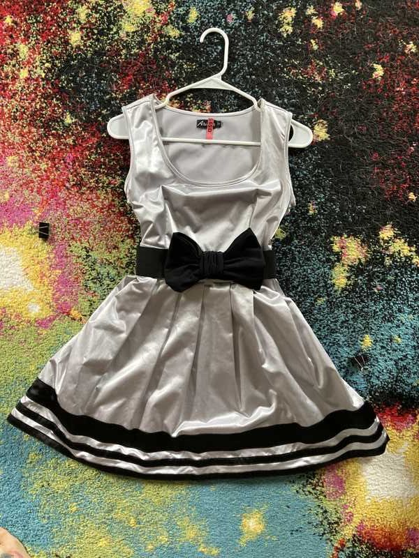 Image of Silver Black Dress with Black Bow Belt  - Pre-Loved