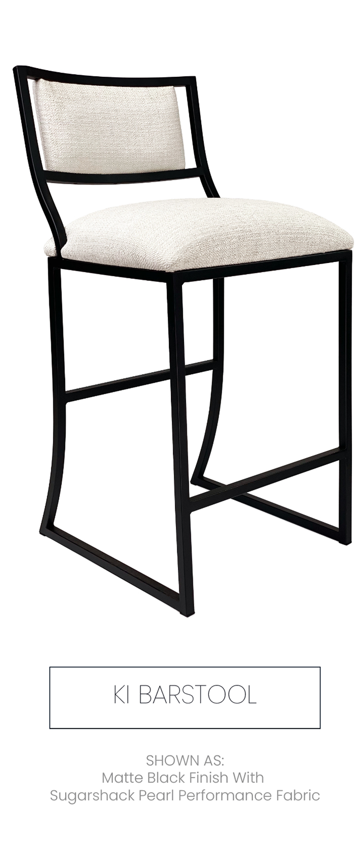 Ki barstool shown as Matte Black finish with Sugarshack Pear Performance fabric