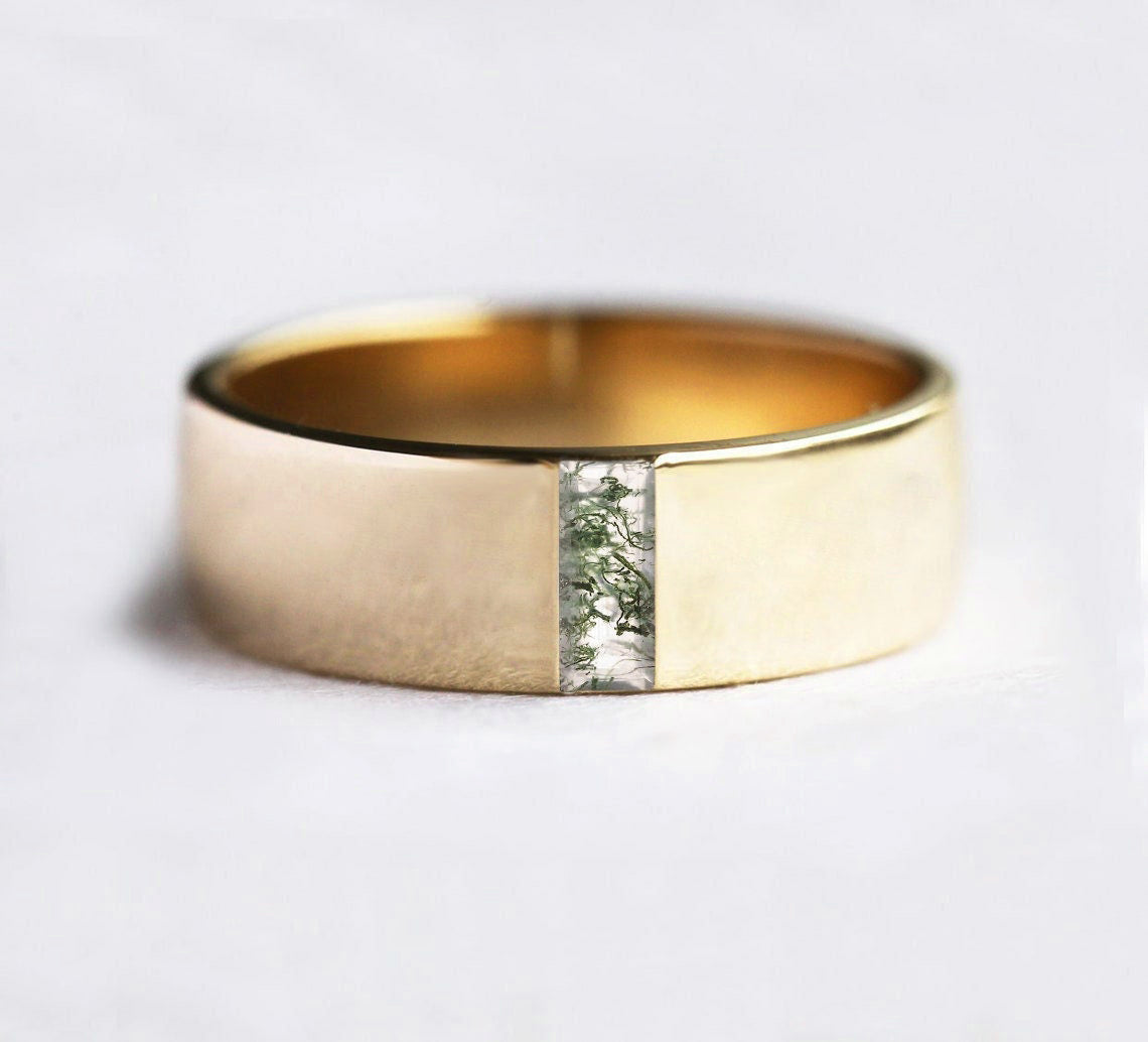 Image of Aiden Baguette Moss Agate Wedding Band