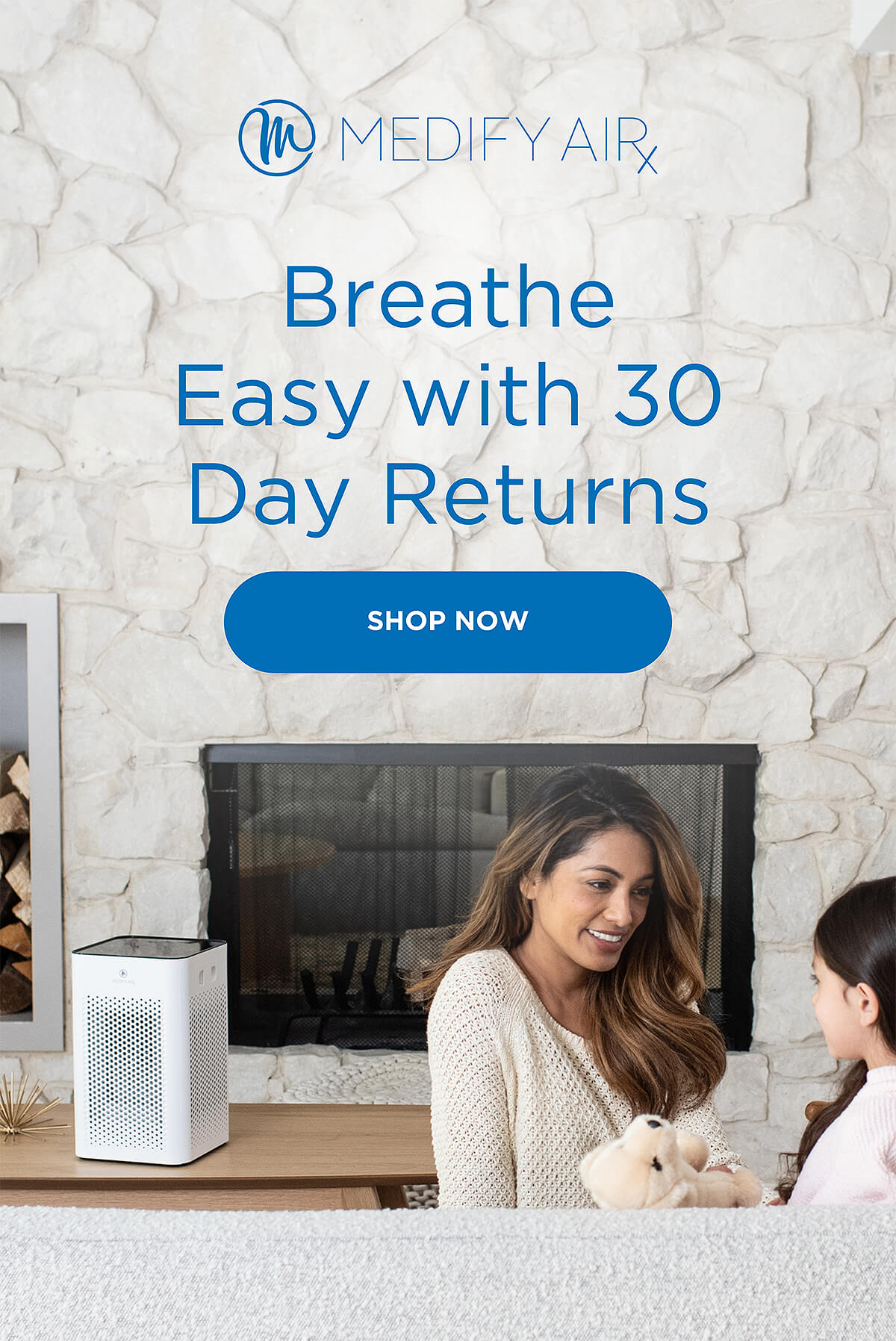 Medify Air. Breath Easy with 30 Day Returns. Photo of mother and daughter next to a white MA-25