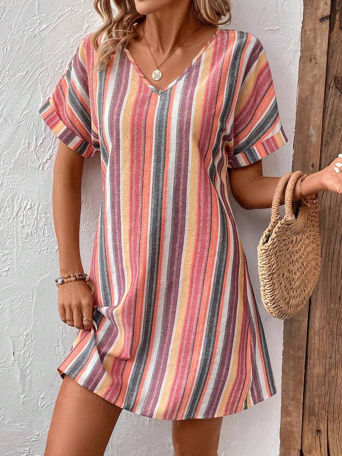 Women Striped Crew Neck Short Sleeve Comfy Casual Short Dress