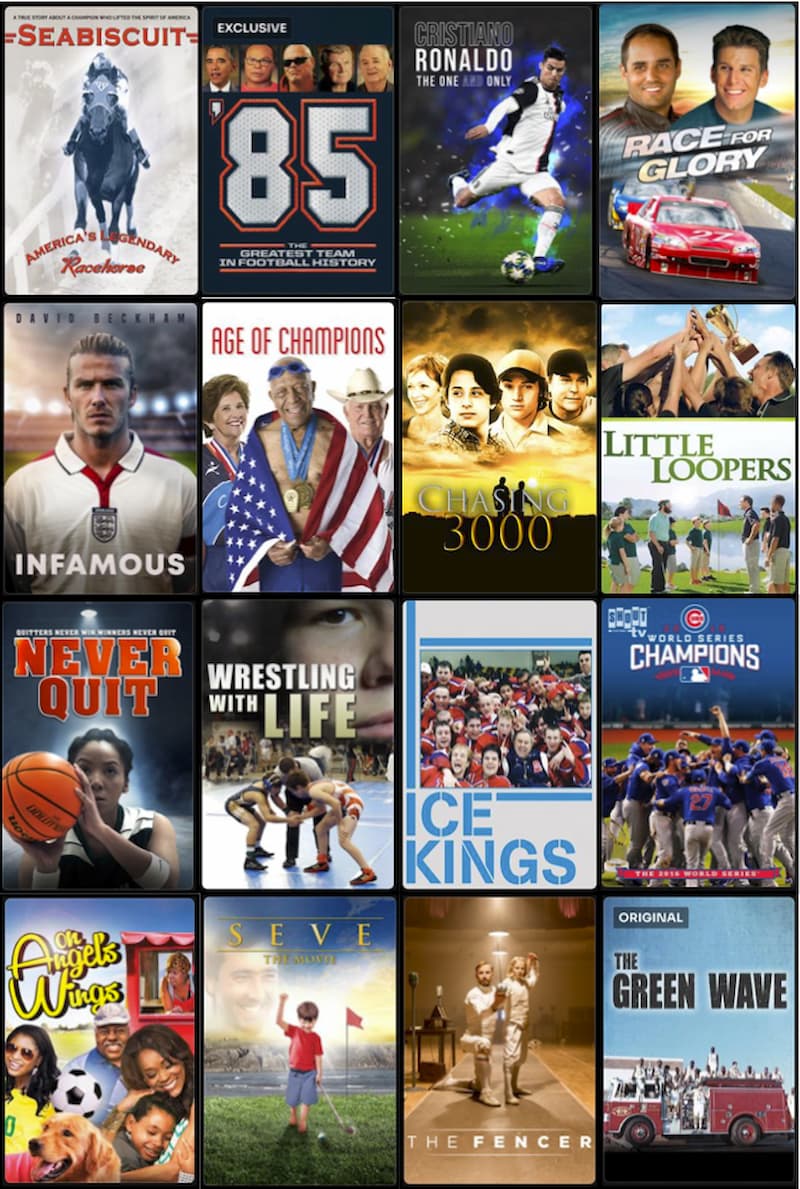 Available titles include: 'Seabiscuit', 'Age of Champions', 'Never Quit', and 'On Angels' Wings'