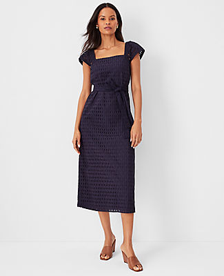 Petite Eyelet Square Neck Puff Sleeve Midi Dress