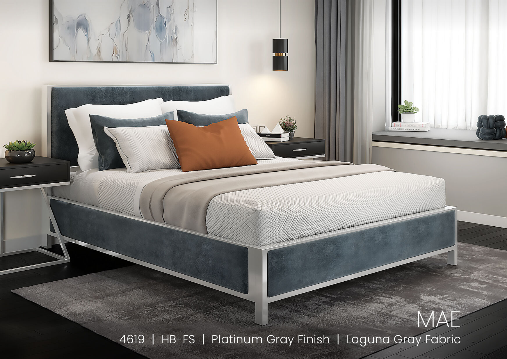 Wesley Allen Mae bed in Platinum Gray finish with Laguna Gray fabric.