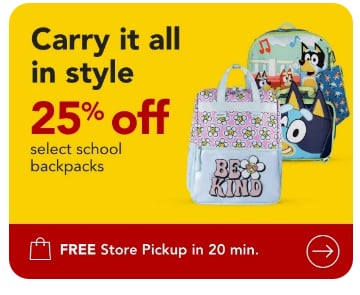 Now 25% off select school backpacks