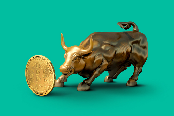 Wall Street bull facing bitcoin.