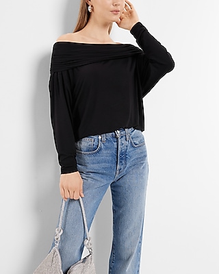 off the shoulder dolman sleeve ruched overlay top