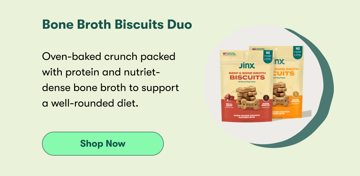 Bone Broth biscuit duo. Oven-baked crunch packed with protein and nutrient-dense bone broth to support a well-rounded diet. Shop now.