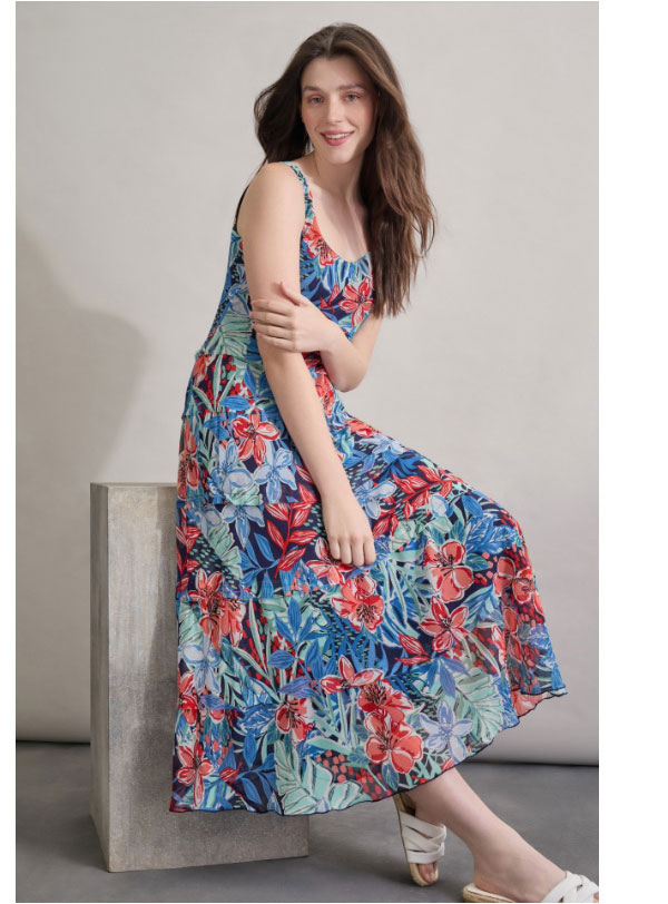 Maxi Multi-Tiered Dress, Printed Chiffon