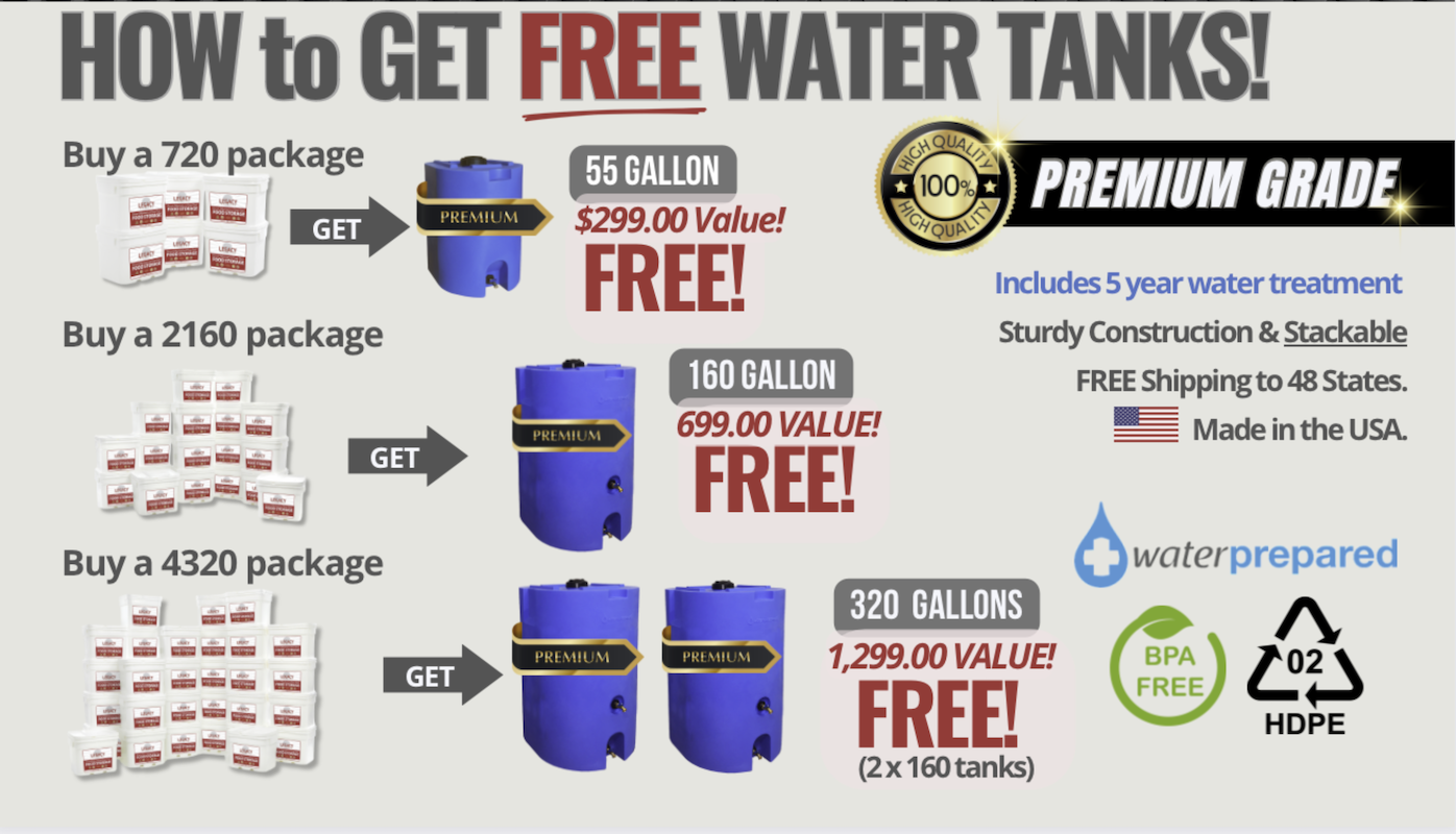 Free water tank guide, buy 720, get a 55 gallon tank, 2160 - 160 gallon, 4320 - 320 gallon water tank set set