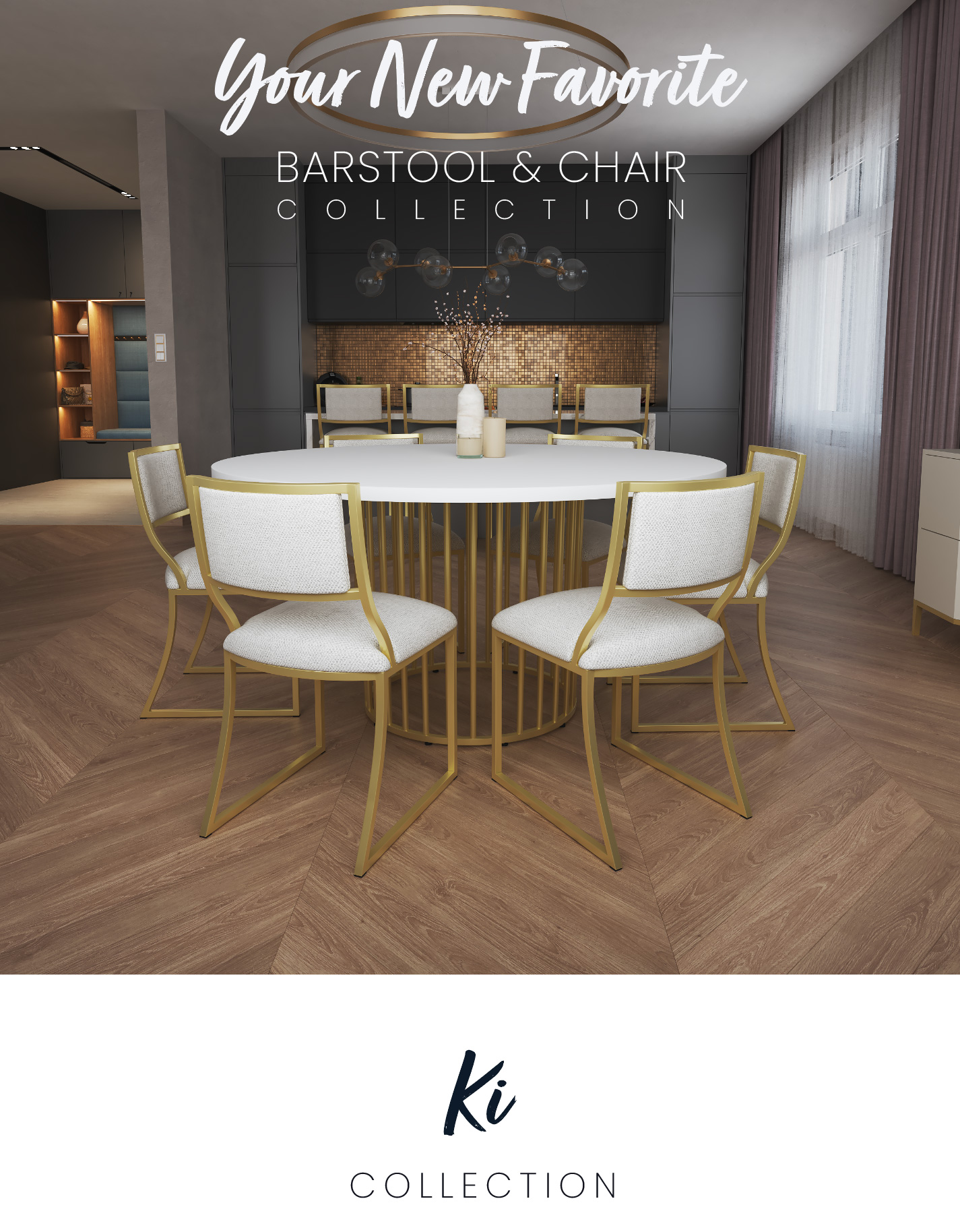 Ki barstools & chairs shown with the Florence table in a modern gold and grey kitchen/dining room. The barstools and chairs are shown in Opaque Gold finish with French Mist Performance fabric. The Florence base is shown in Opaque Gold with a White wood table top.