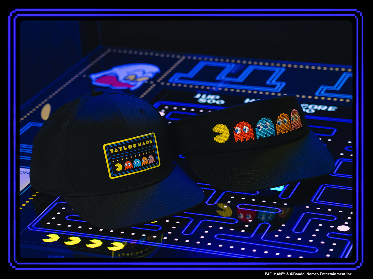 TaylorMade | PacMan Ventura Snapback Hat and High-Crown Visor on a PacMan themed table 