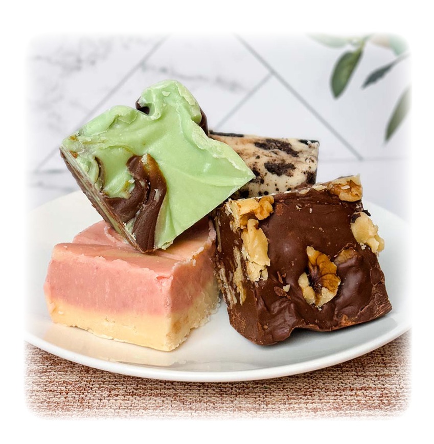 Fudge squares of different flavors on plate