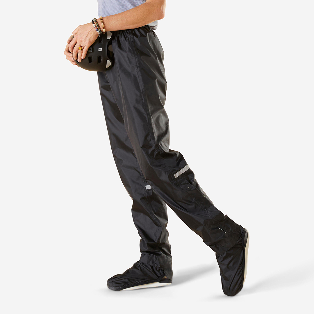 Btwin City Cycling Rain OverPants with Built-In Overshoes 100 - Black