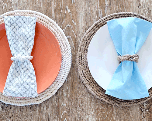 Blog idea: 2 DIY nautical rope charger plates and napkin rings with plates and napkins on a table