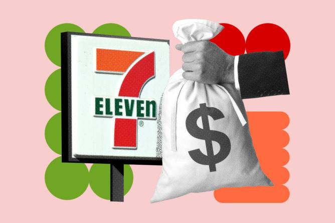 Holding money bag out to 7-Eleven logo