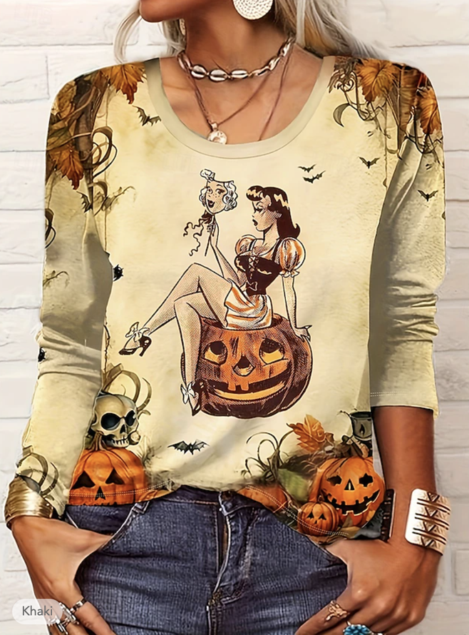 Casual Halloween Crew Neck Long Sleeve T-shirt