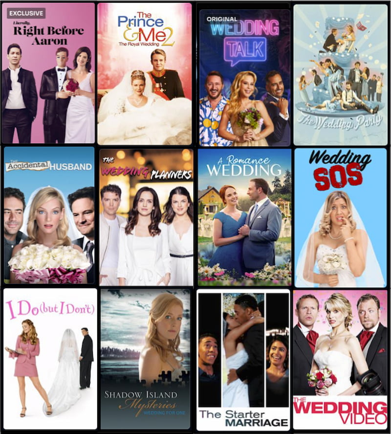 Available titles include: 'Wedding Talk', 'Wedding SOS', 'Shadow Island Mysteries: Wedding for One'