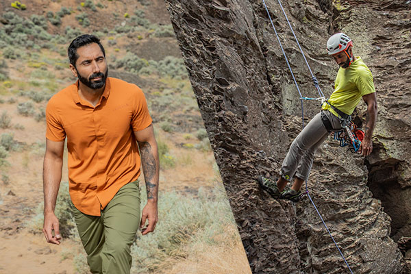 Man in a split image showcasing the Summer 24 collection items. Left side is him on a high desert hiking trail wearing the FirstSun shirt in Desert Clay and the right side is him on the side of a rock wall wearing the SolarSwift Tech-T