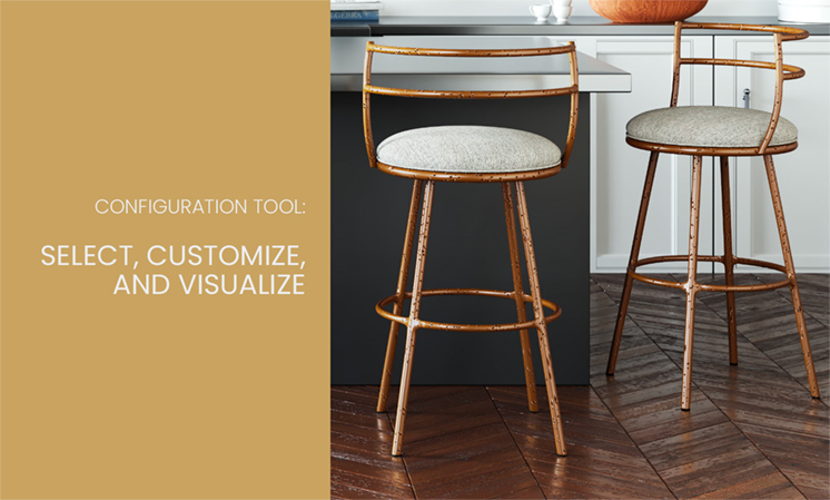 Configuration Tool: Select, Customize, and Visualize. Featuring the Rei Barstool in Hammered Brass finish with Aspen Pure White vinyl seat and French Ivory Performance fabric on the backrest. Featuring the Ryo barstool in Hammered Copper finish with Natural Oak Performance fabric.