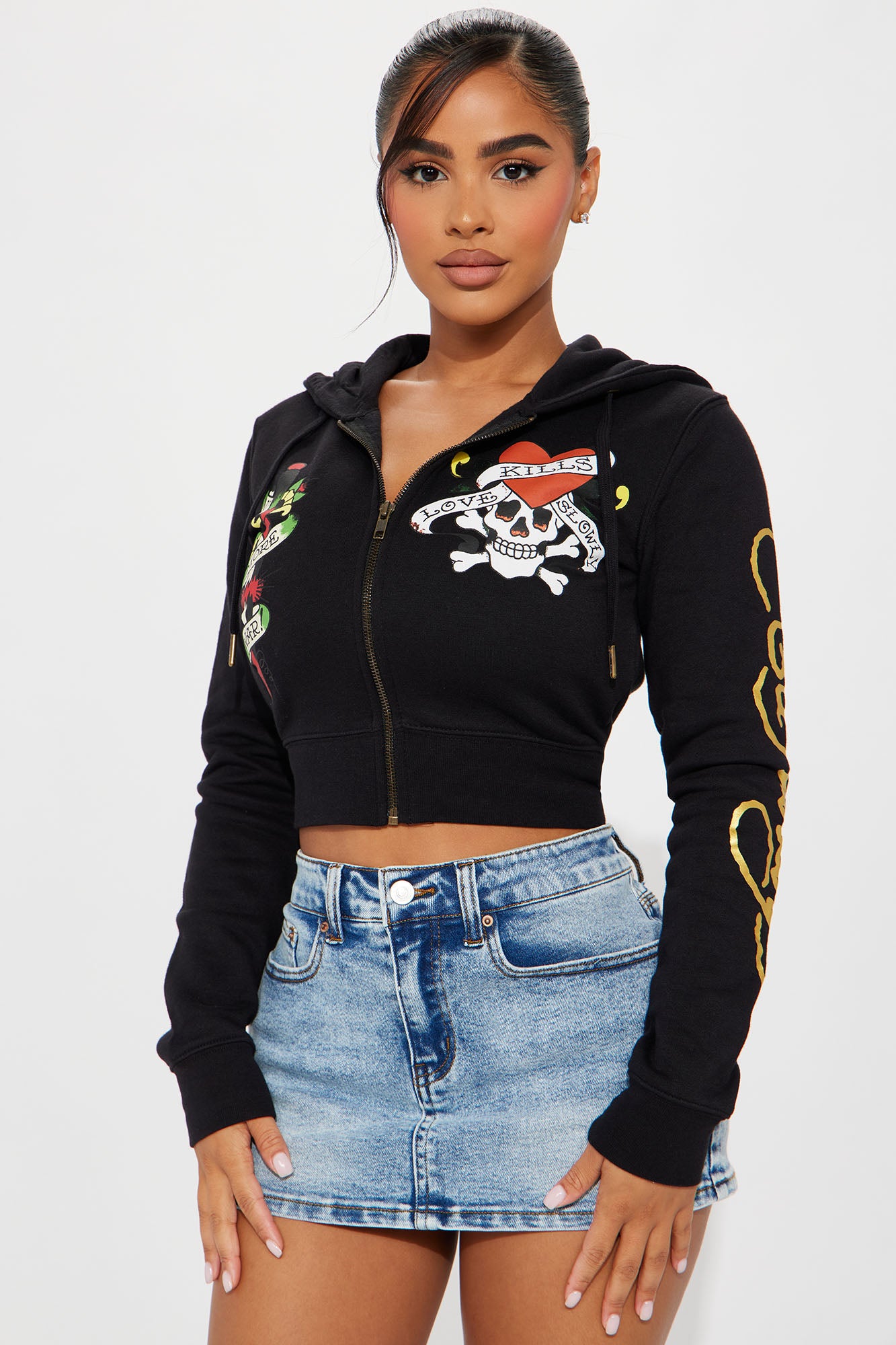 Image of Love Kills Ed Hardy Zip Front Hoodie - Black