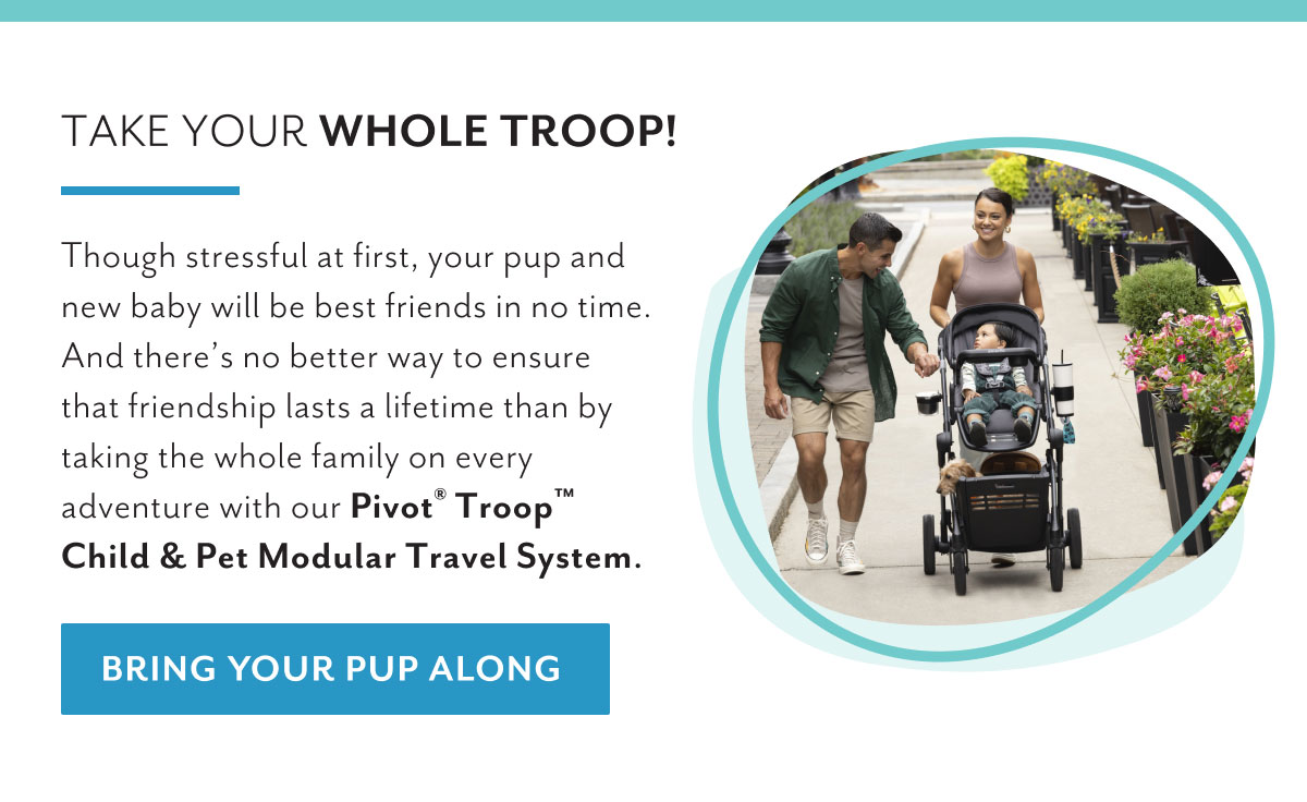 Take your whole troop! | Though stressful at first, your pup and new baby will be best friends in no time. And there's no better way to ensure that friendship lasts a lifetime than by taking the whole family on every adventure with our PivotÂ® Troopâ„¢ Child & Pet Modular Travel System. | Bring your pup along