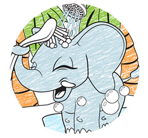 Partially colored-in smiling gray elephant taking a shower with bubbles