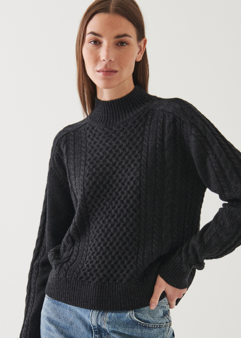 CABLE KNIT MOCK NECK SWEATER