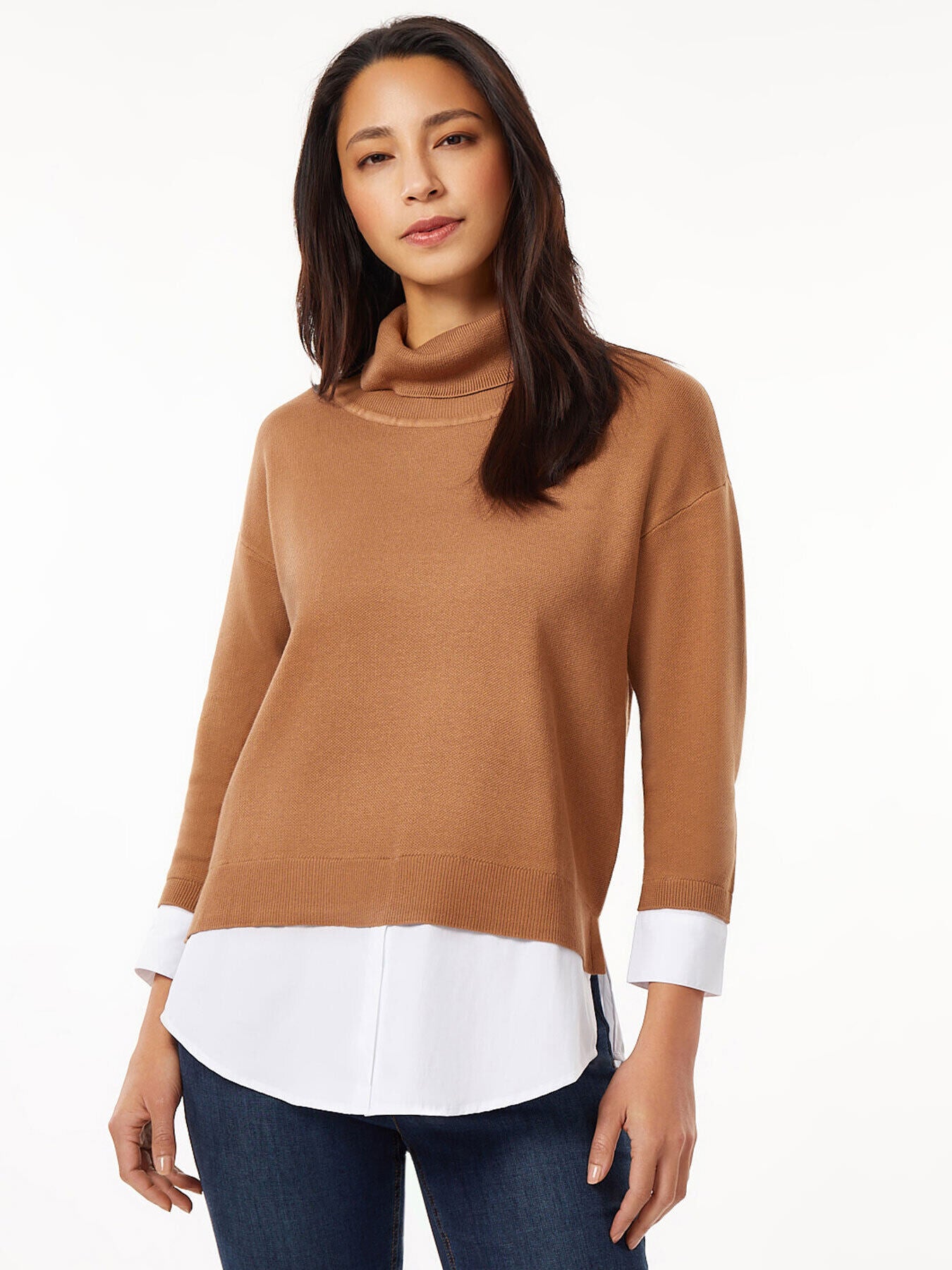 Image of Turtleneck Sweater Woven Shirt Combo Top