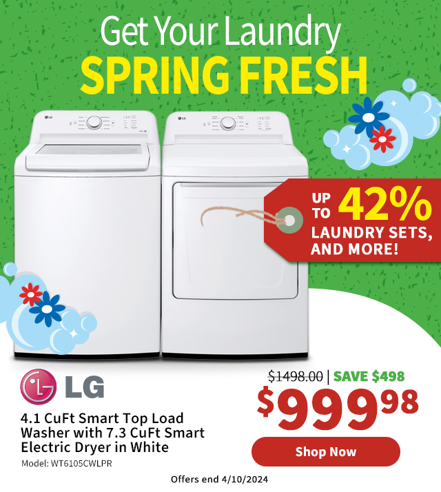 Get Your Laundry Spring Fresh. 4.1 CuFt Smart Top Load Washer with 7.3 CuFt Smart Electric Dryer in White. Shop Now.