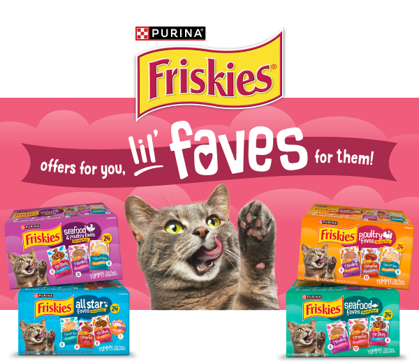 Friskies logo above headline reading 'offers for you, Lil' faves for them!' with a gray cat reaching for Lil' faves. Variety packs sit on each side of the cat.