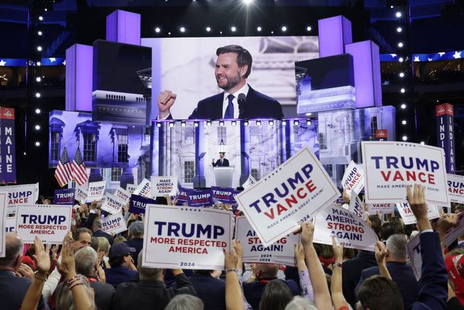 Republican vice presidential candidate, U.S. Sen. J.D. Vance (R-OH) speaks on stage on the third day of the Republican National Convention 