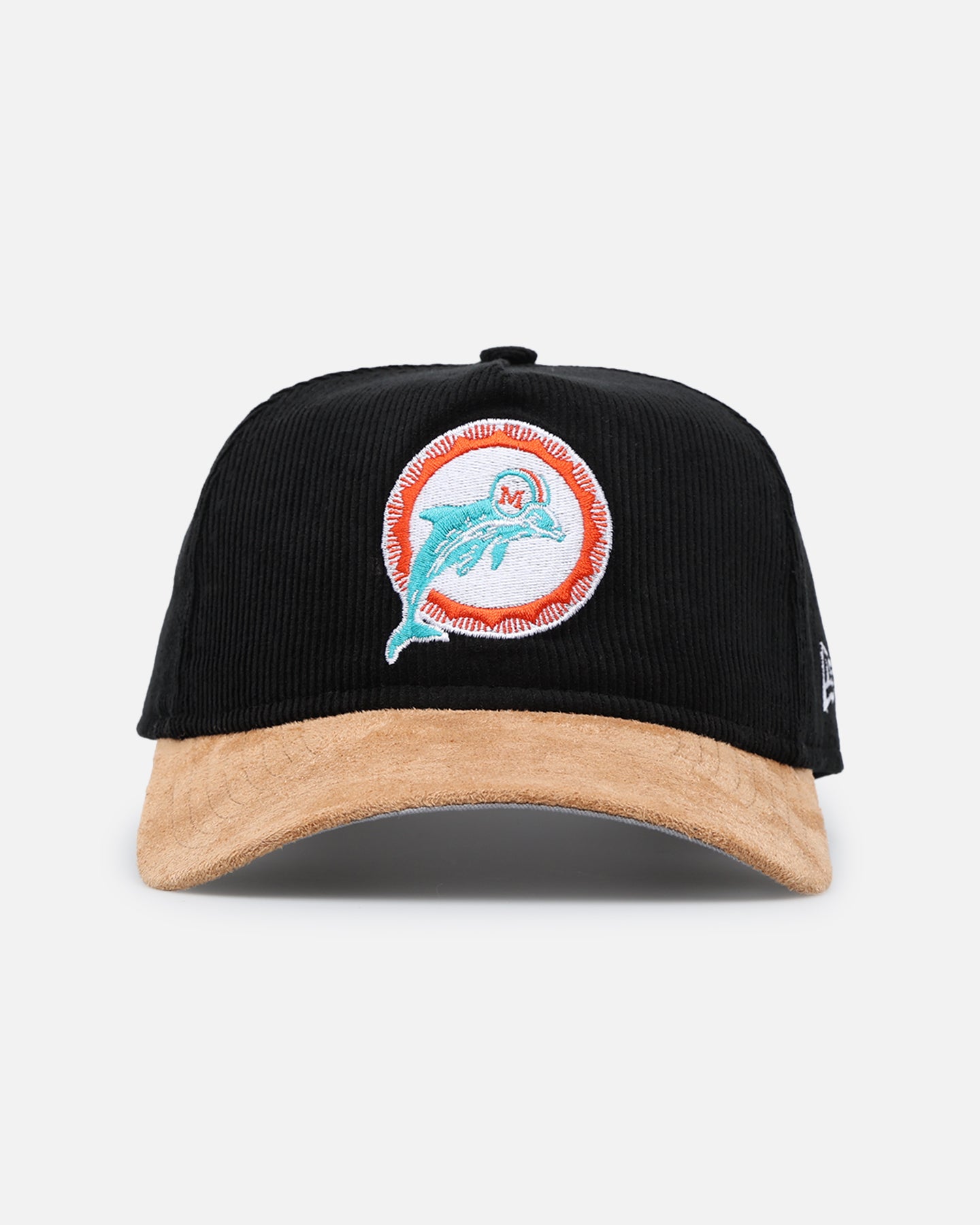 Image of New Era Miami Dolphins 'Corduroy Suede' Pre-Curved Golfer Snapback Washed Black