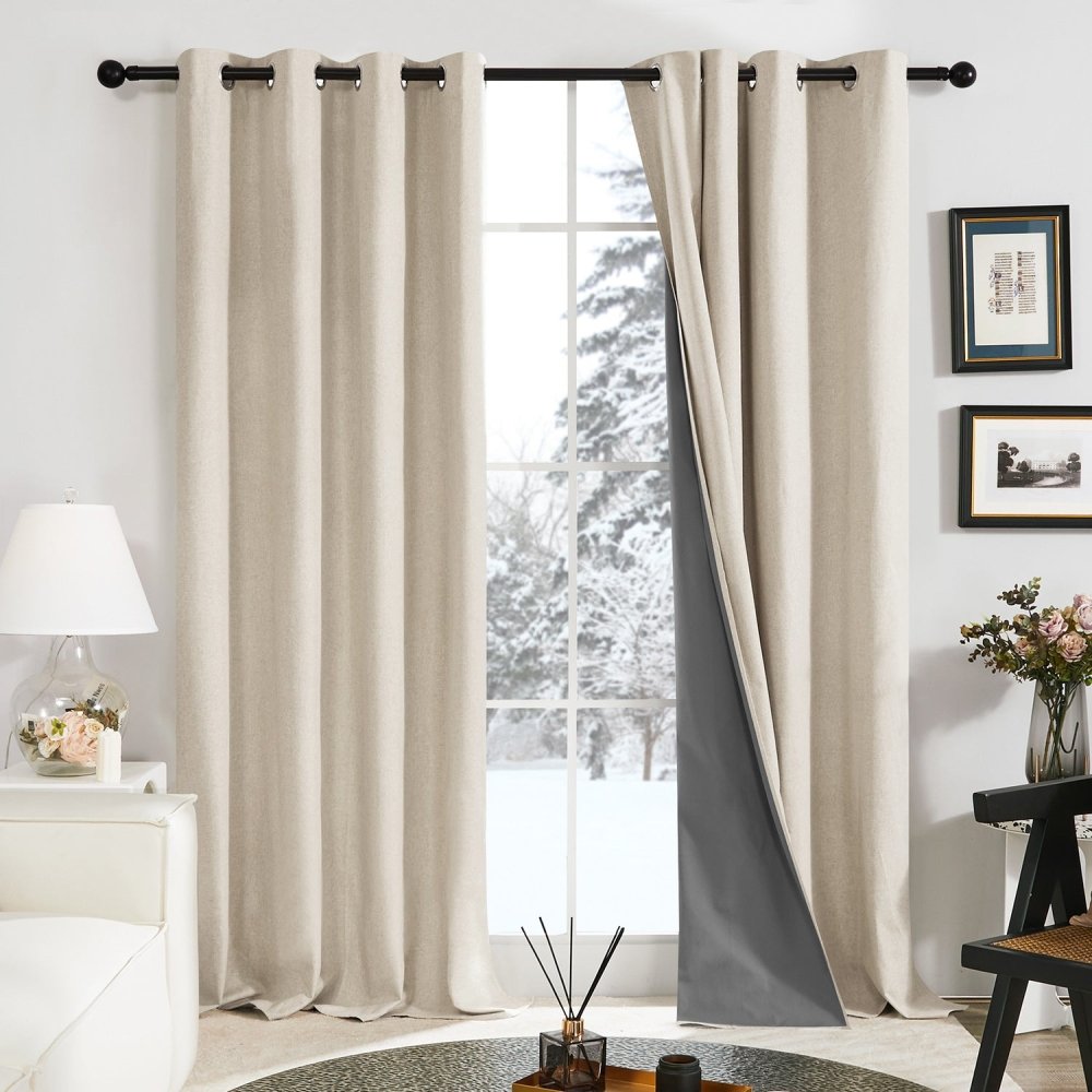 Faux Linen 100% Total Blackout Curtains - Insulated Energy-Efficient for Winter | 2 Deconovo Panels