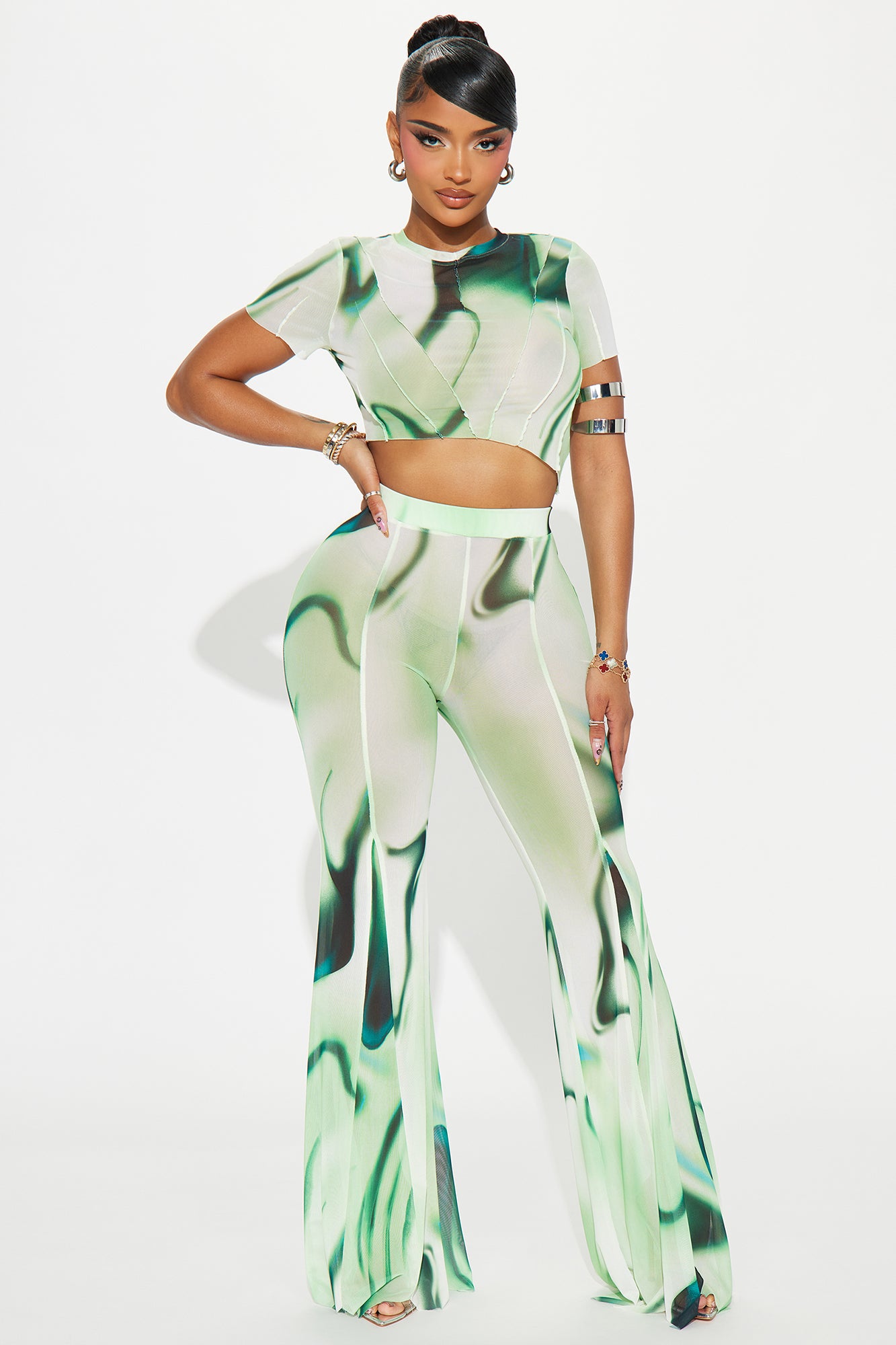 Image of Free Flowing Mesh Pant Set - Green/combo