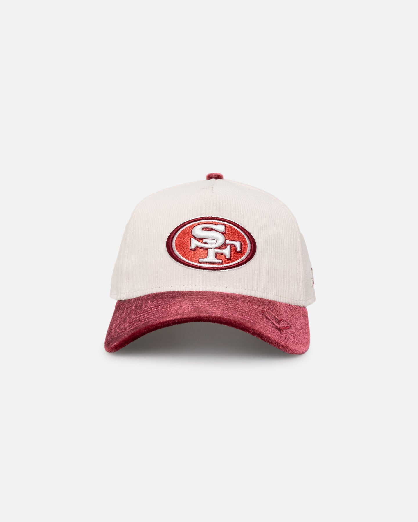 Image of New Era San Francisco 49ers 'Premium Corduroy Velvet' 9FORTY A-Frame Snapback Chrome White/Cardinal