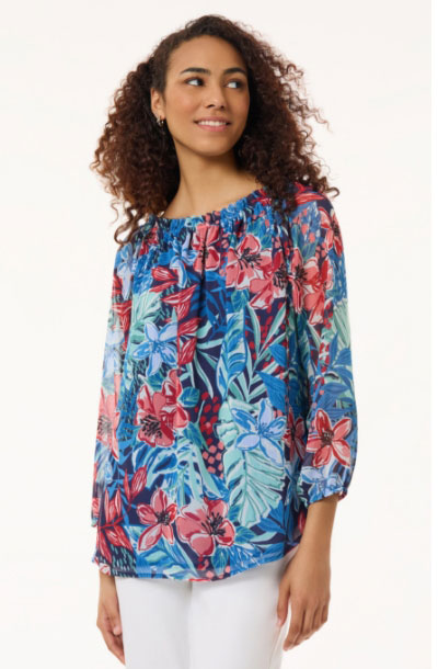 Floral Smocked High Neckline Blouse