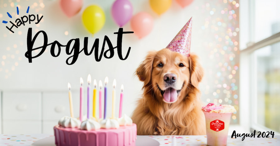 Chicken Soup for the Soul Pet Food: Happy Dogust, August 2024 - a dog wearing party hat and sitting in front of pink birthday cake with lit candles, and colorful balloons in background