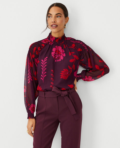 Floral Smocked Mock Neck Popover